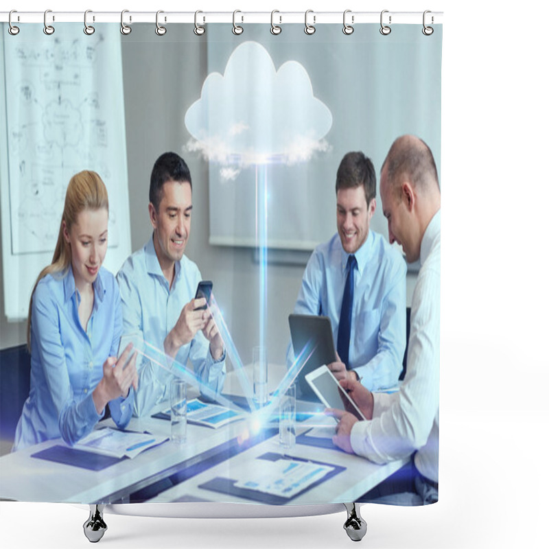 Personality  Smiling Business People With Gadgets In Office Shower Curtains