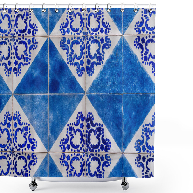 Personality  A Striking Pattern Of Traditional Blue And White Ceramic Tiles Displays A Fusion Of Geometric Shapes And Floral Designs, A Signature Of Mediterranean Decorative Art Shower Curtains