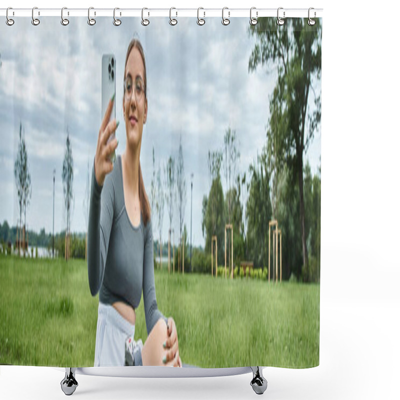 Personality  A Young Woman With A Prosthetic Leg Smiles While Taking A Selfie During Her Outdoor Workout. Shower Curtains