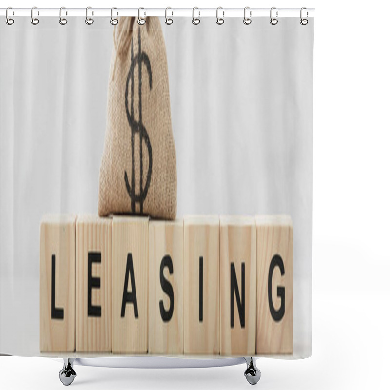 Personality  Panoramic Shot Of Dollar Bag With Leasing Lettering On Wooden Cubes On White  Shower Curtains