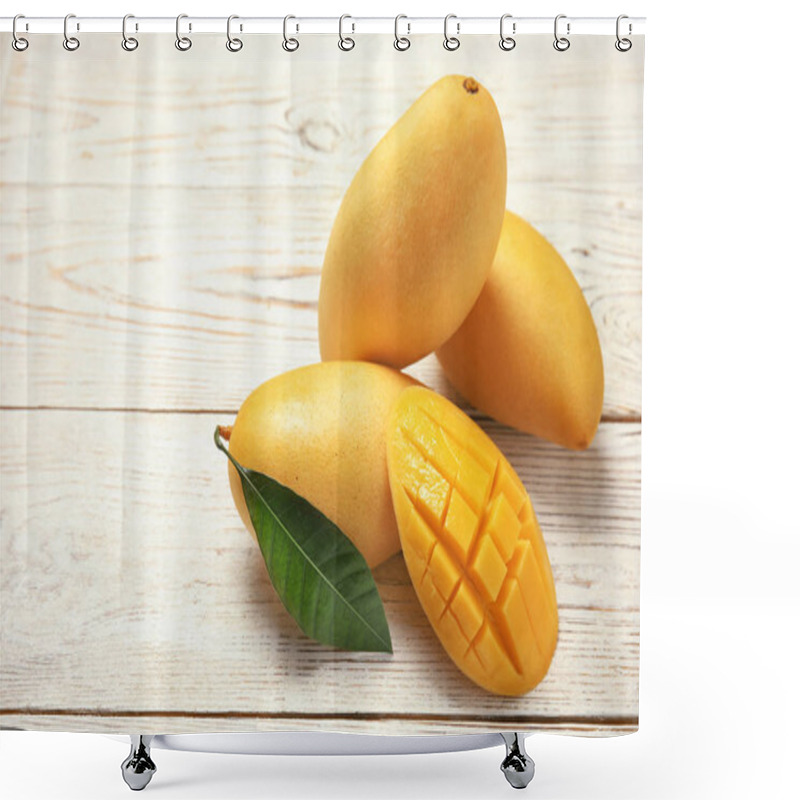 Personality  Composition With Fresh Mango Fruits On Wooden Background. Space For Text Shower Curtains