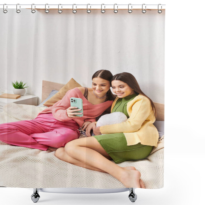 Personality  Two Women, Pretty Teenage Friends, Sitting On A Bed And Engrossed In A Cell Phone Screen. Shower Curtains