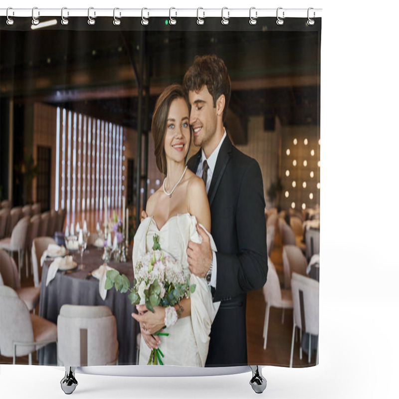 Personality  Cheerful Young Couple In Elegant Wedding Attire Smiling At Camera In Decorated Celebration Hall Shower Curtains