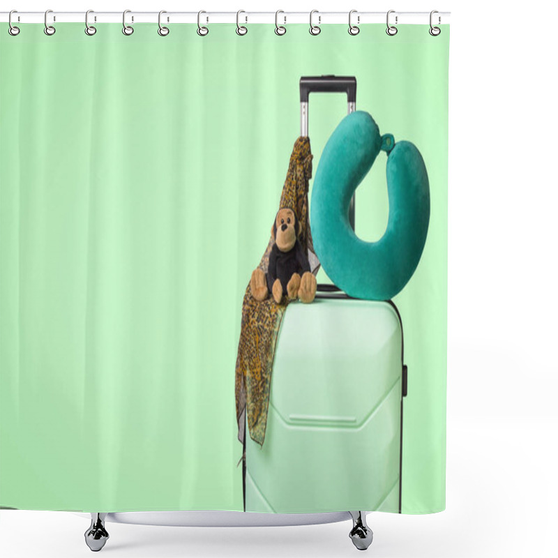 Personality  Plastic Suitcase With Wheels, Soft Toy, Travel Pillow, Neck Scarf, Green Background. Concept Of Travel On A Summer Vacation, A Visit To Relatives, A Trip To The Camp Shower Curtains