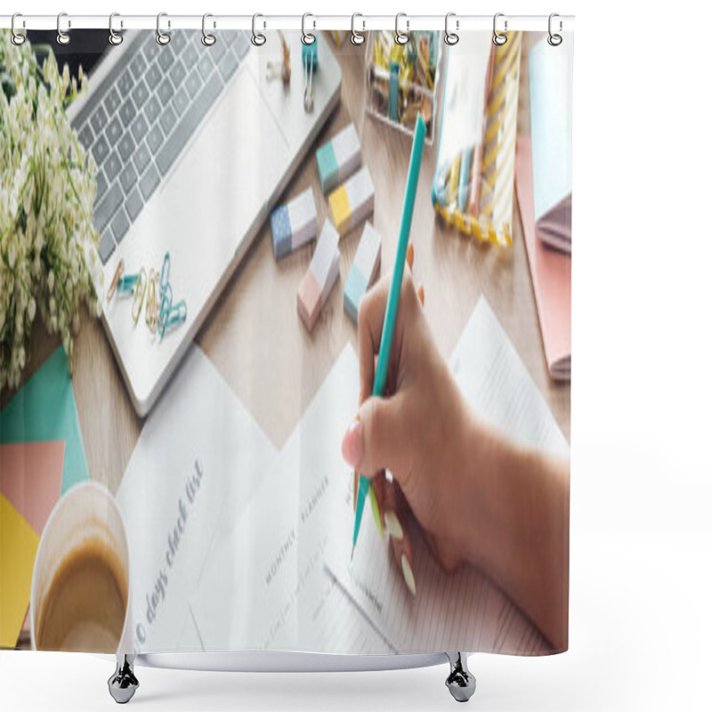 Personality  Cropped View Of Woman Holding Pen In Hand, Writing Notes In Planners, Sitting Behind Wooden Table With Flowers And Stationery Shower Curtains