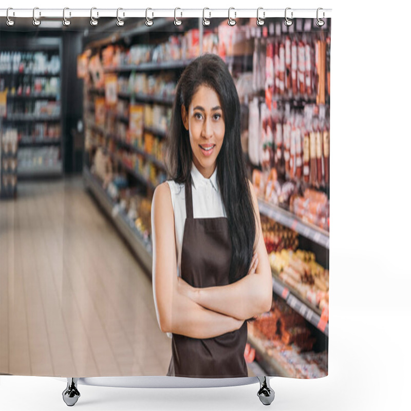 Personality  Selective Focus Of African American Female Shop Assistant In Apron With Crossed Arms Looking At Camera In Supermarket Shower Curtains