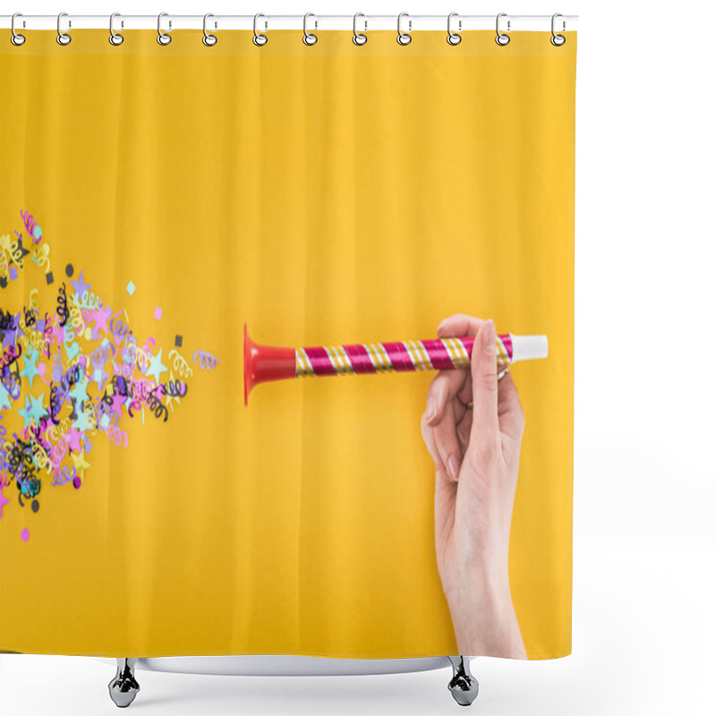 Personality  Cropped View Of Woman Holding Party Horn Near Confetti On Yellow Background Shower Curtains