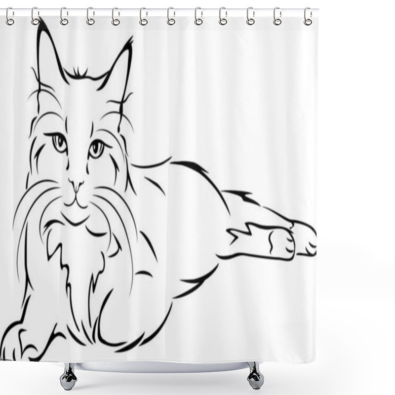 Personality  Outlined Portrait Of A Lying Cat Shower Curtains