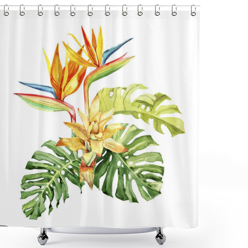 Personality  Watercolor Hand Drawn Rainforest Tropical Leaves And Flowers Bouquet Composition. Botanical Illustration Isolated On White Background. Hand Painted Watercolor Floral Clip Art Shower Curtains