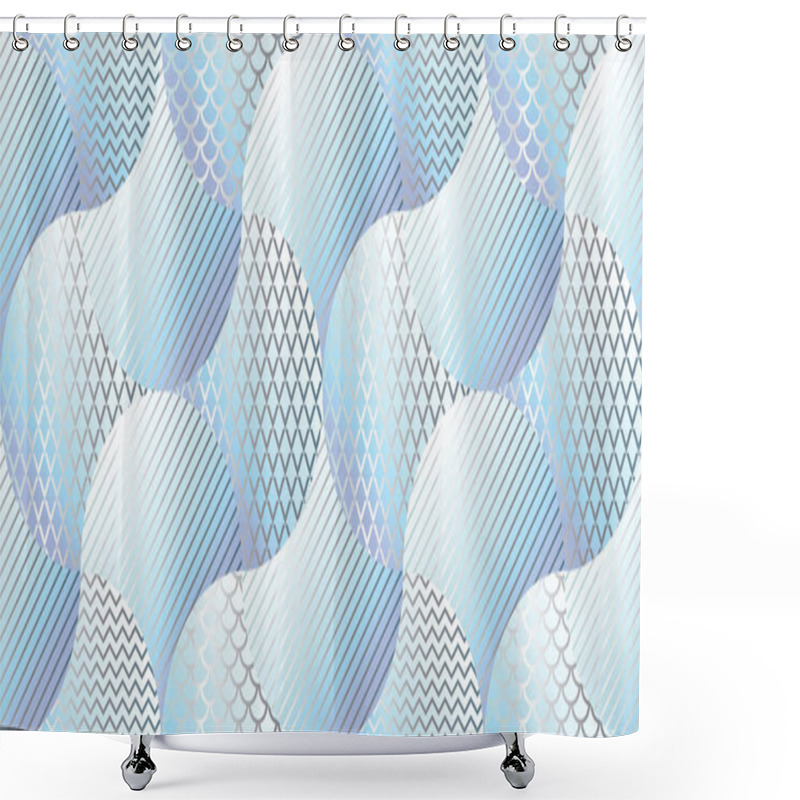 Personality  Abstract Blue And White Geometric Metal Surface Seamless Pattern. Repeatable Motif Inspired By Fish Scales And Ocean Water. For Fabric, Background, Surface Design, Web And Print Projects.   Shower Curtains