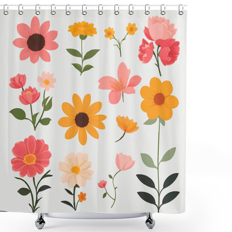 Personality  Flower Collection With Leaves, Floral Bouquets. Vector Flowers. Spring Art Print With Botanical Elements. Folk Style. Posters For The Spring Holiday. Icons Isolated On White Background. Simple Line Drawing Shower Curtains