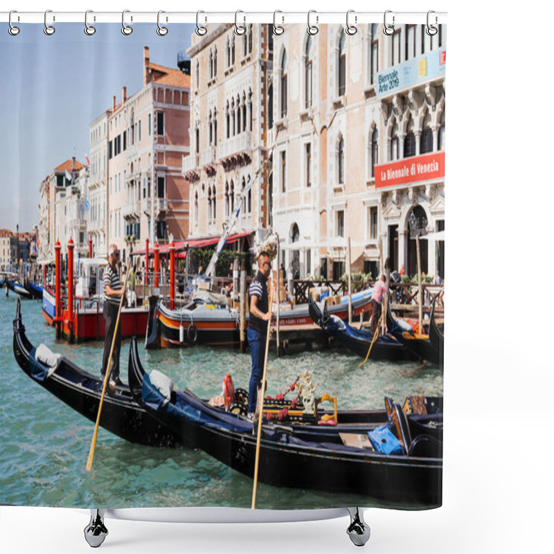 Personality  VENICE, ITALY - SEPTEMBER 24, 2019: Side View Of Gondoliers Floating On Gondolas In Venice, Italy  Shower Curtains