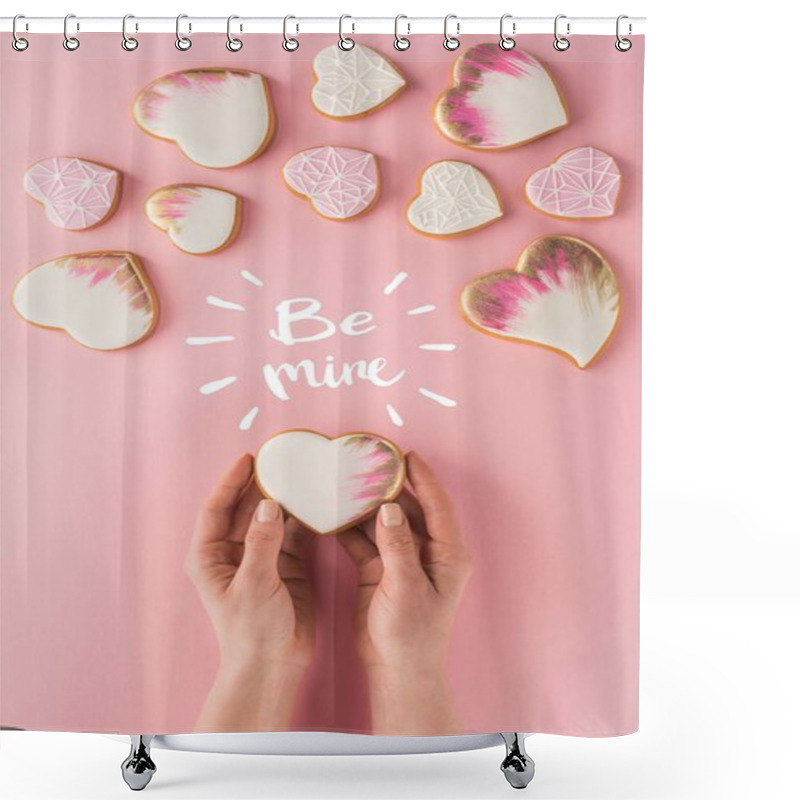 Personality  Partial View Of Woman Holding Glazed Cookie In Hands Isolated On Pink, St Valentines Day Concept Shower Curtains