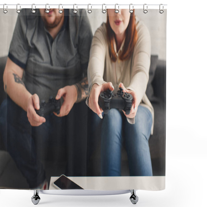 Personality  Cropped Image Of Boyfriend And Girlfriend Playing Video Game At Home Shower Curtains