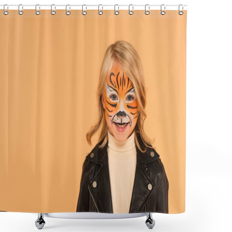 Personality  Happy Child In Tiger Makeup Smiling At Camera Isolated On Beige Shower Curtains