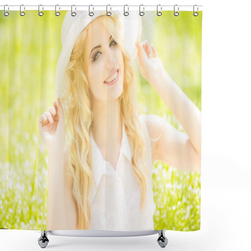 Personality  Portrait Of A Beautiful Young Blonde Woman With Wavy Hair In Nature. Girl In White Hat Sitting On The Grass In The Park Shower Curtains