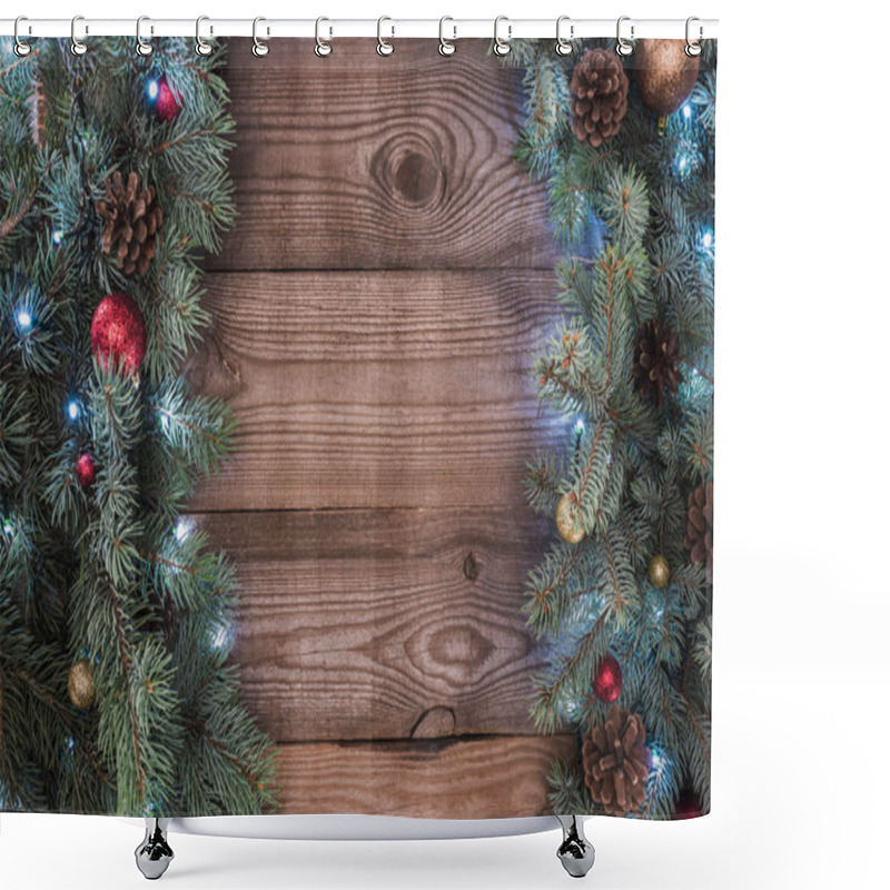 Personality  Top View Of Coniferous Twigs With Shiny Baubles, Pine Cones And Illuminated Garland, Christmas Background Shower Curtains