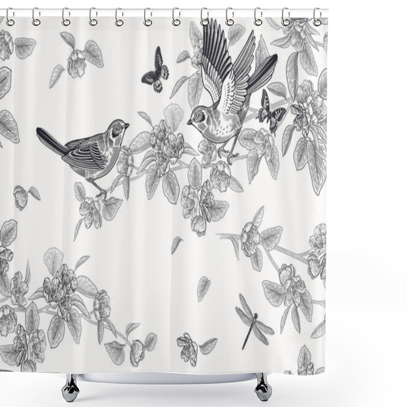 Personality  Cute Birds On The Branches, Butterflies, Dragonfly. Flowers And Leaves Of Blossoming Tree. Floral Seamless Pattern. Black And White. Spring Vector Illustration. Vintage. Template For Wallpaper, Paper. Shower Curtains