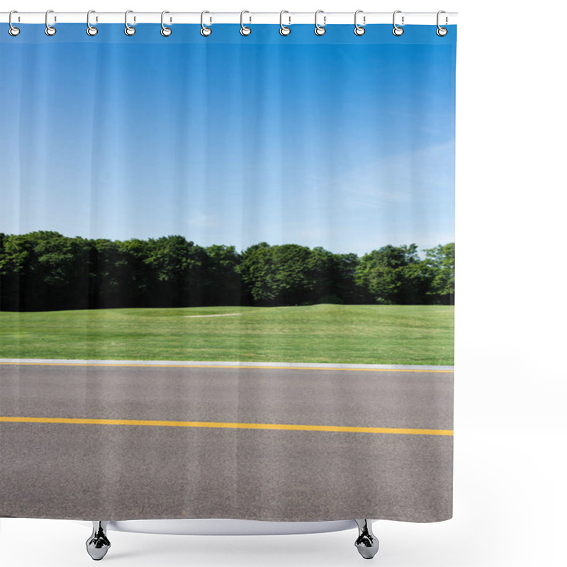 Personality  Selective Focus Of Yellow Line On Road Near Green Park In Summertime  Shower Curtains