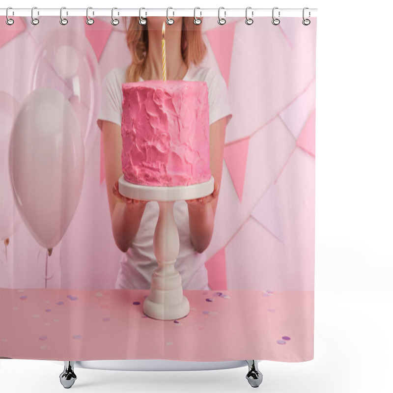 Personality  Cropped View Of Woman Standing Near Tasty Pink Birthday Cake With Burning Candle On Cake Stand  Shower Curtains