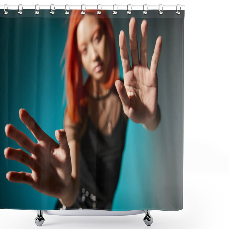 Personality  Photo With Focus On Hands, Young Asian Woman With Red Hair On Blurred And Blue Background, Shower Curtains