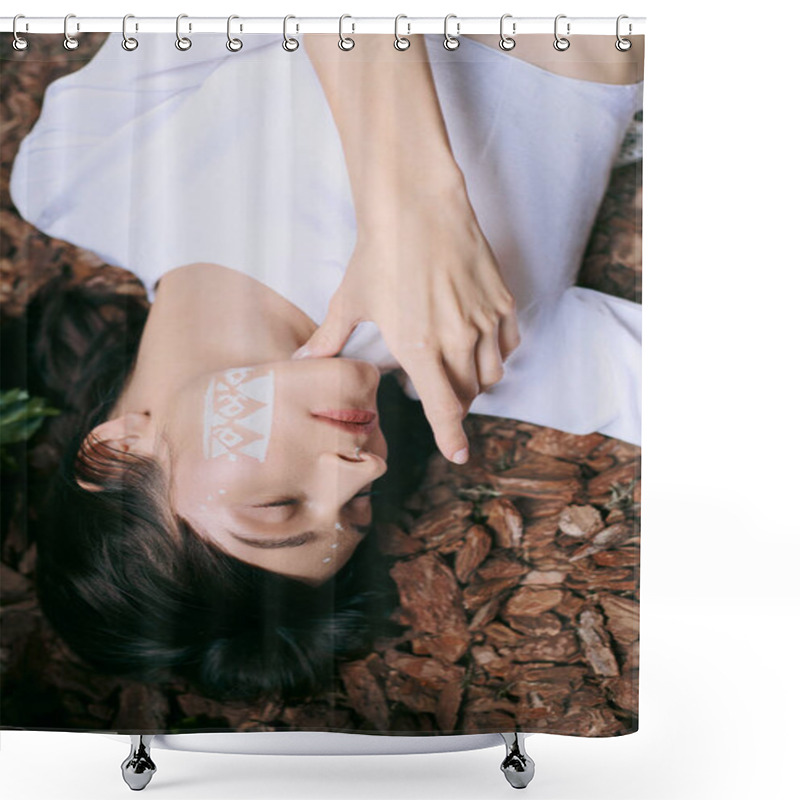 Personality  A Young Woman Rests Peacefully In A Forest Setting Surrounded By Fallen Leaves And Branches. Shower Curtains