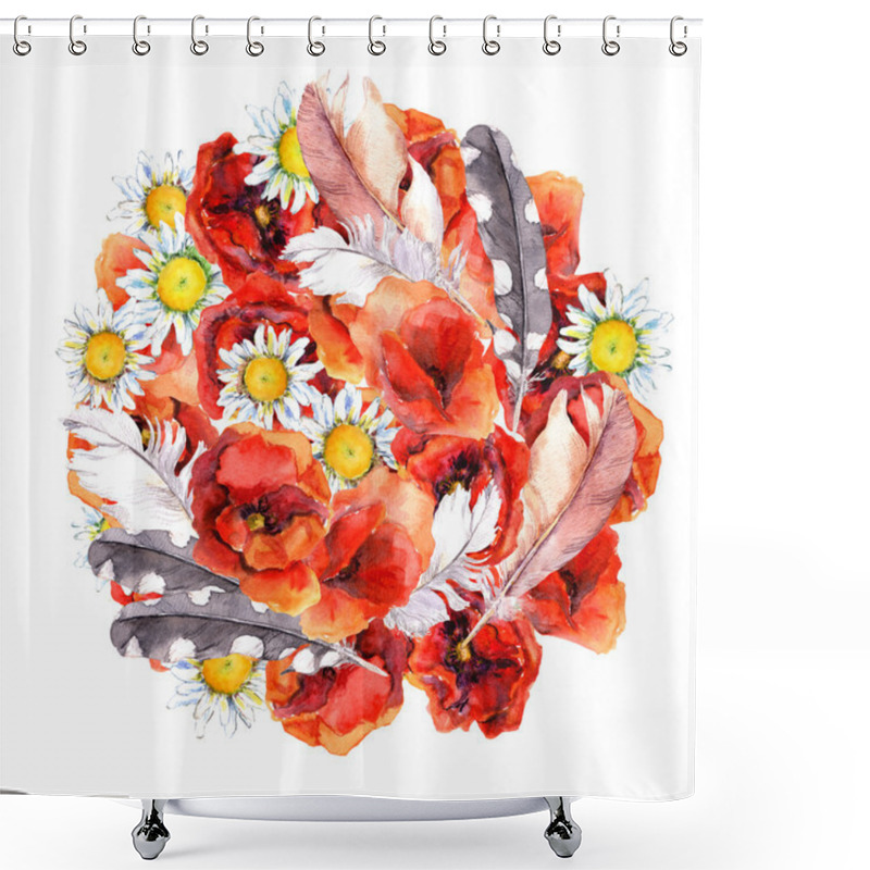 Personality  Floral Circle Composition With Summer Flowers Poppies, Camomile And Feathers For Pretty Postcard. Watercolor Art Shower Curtains