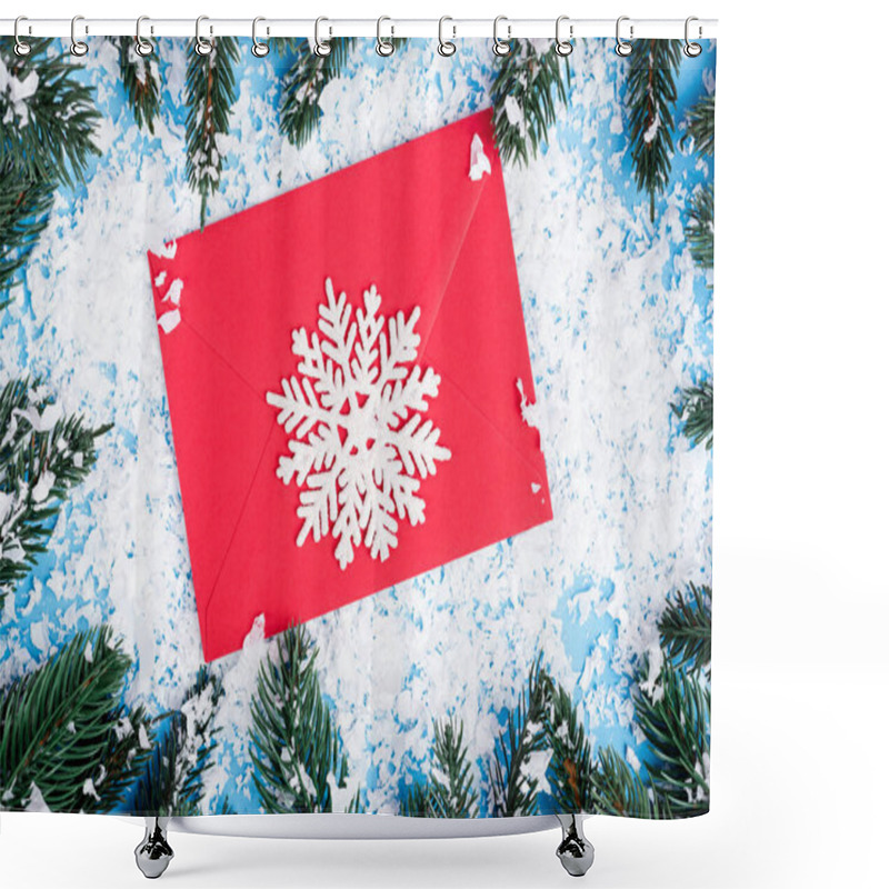 Personality  Top View Of Decorative Snowflake On Red Envelope Near Pine Branches And Artificial Snow On Blue Background Shower Curtains