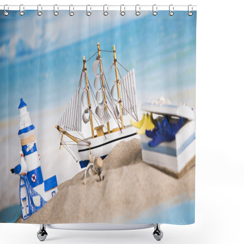 Personality  Holiday By The Sea, Lighthouse, Seagull, Lifebuoy, Sand, Shells Shower Curtains