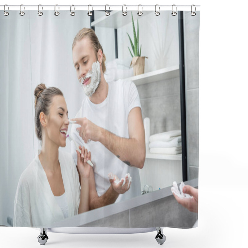 Personality  Couple Doing Morning Routine Shower Curtains