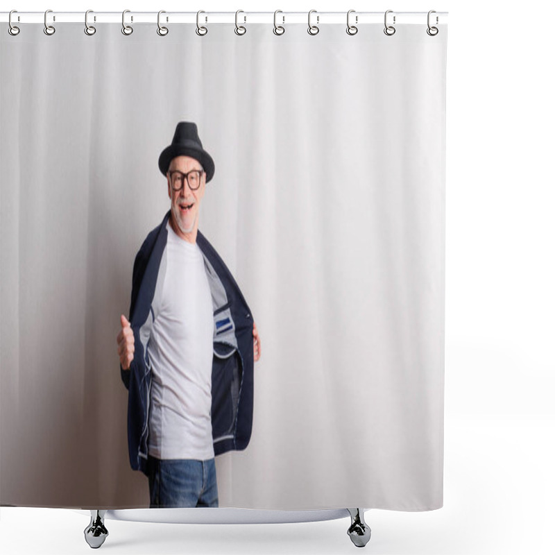 Personality  Portrait Of A Senior Man With Hat, Glasses And Jacket In A Studio. Shower Curtains