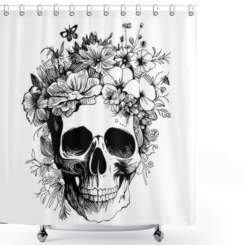 Personality  Skull With Flowers, With Roses. Human Skull Portrait With Flower Crown. Vector Illustration Isolated On White Background. Sugar Skull Floral Print For Halloween. Shower Curtains