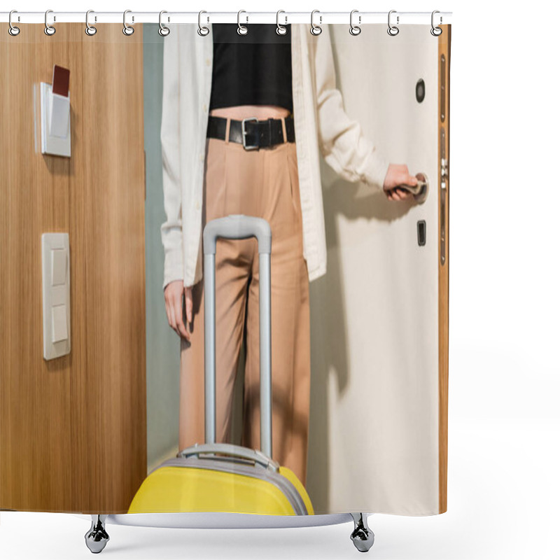 Personality  Cropped View Of Young And Stylish Woman In White Shirt And Beige Pants Opening Entrance Door In Modern Hotel Near Yellow Travel Bag And Keycard Reader, Secure Entry, Travel Lifestyle, Check-in  Shower Curtains