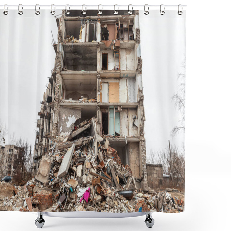 Personality  View Of An Apartment Block Destroyed In An Explosion Caused By Rocket Fire In Izyum, Kharkiv Reg. Ukraine Shower Curtains