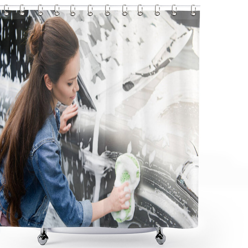 Personality  Side View Of Attractive Woman Cleaning Car At Car Wash With Rag And Foam Shower Curtains