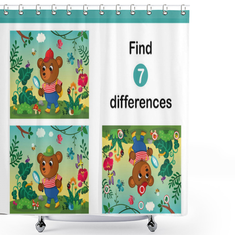 Personality  Find 7 Differences Educational Game With A Cute Cartoon Bear Character. Vector Illustration. Shower Curtains