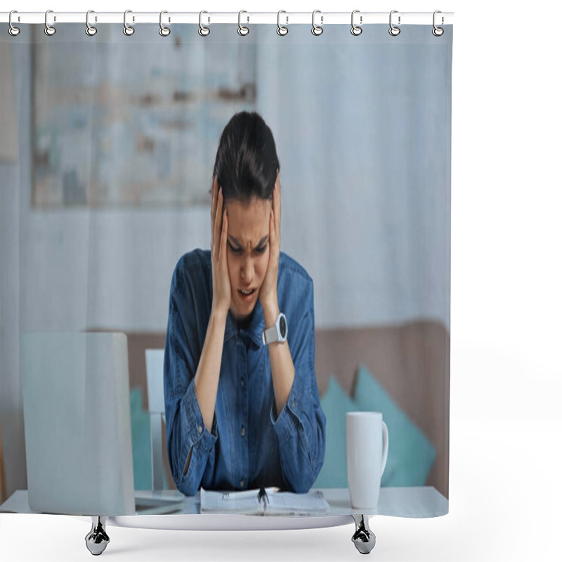 Personality  Nervous Freelancer Touching Head Near Laptop On Desk Shower Curtains