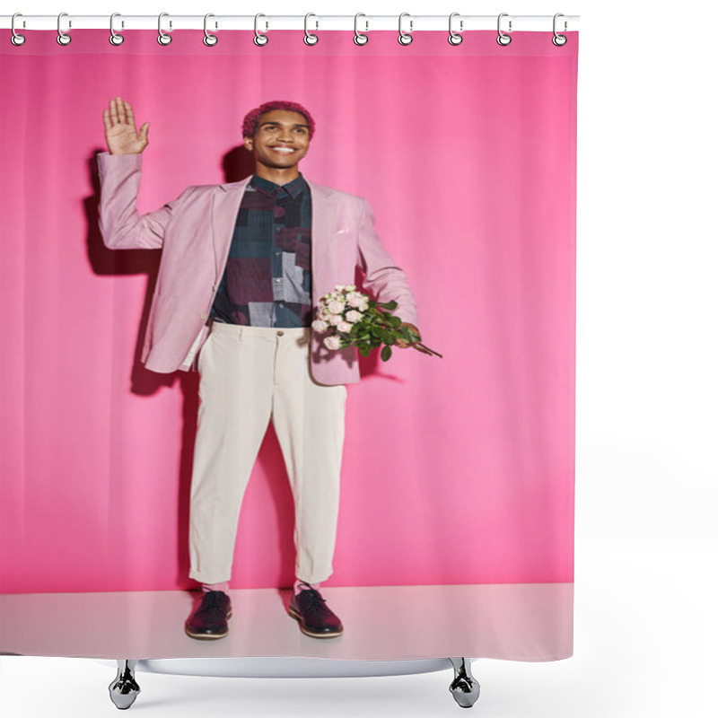 Personality  Cheerful Man In Stylish Attire Acting Unnaturally Waving And Holding Rose Bouquet, Doll Like Shower Curtains