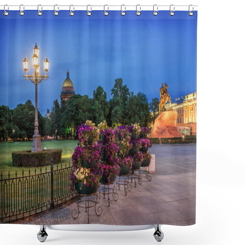 Personality  Flowers And A Lantern On The Senate Square Of St. Petersburg With The Monument To Peter The Great And St. Isaac's Cathedral At The Distance On A Summer Night Shower Curtains