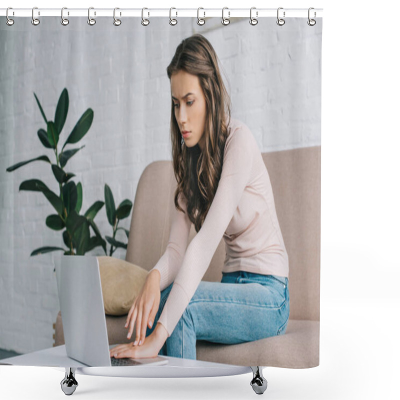 Personality  Young Woman Having Pain In Hand While Using Laptop At Home Shower Curtains