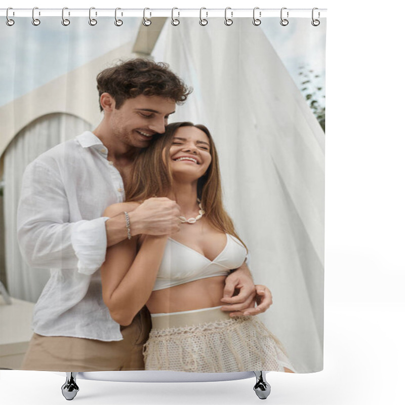 Personality  Joyful Couple, Man And Woman In White Attire Hugging And Standing Together Near Pavilion On Beach Shower Curtains