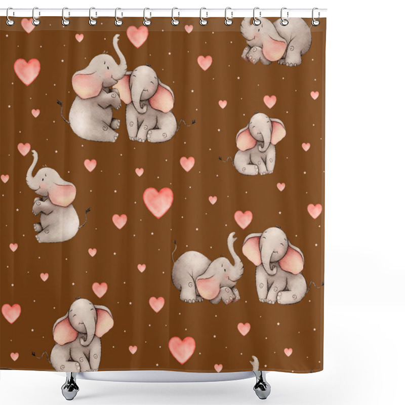 Personality  Cute Elephants Sharing Affection On A Brown Background With Soft Pink Hearts, Ideal For Children's Decor Shower Curtains