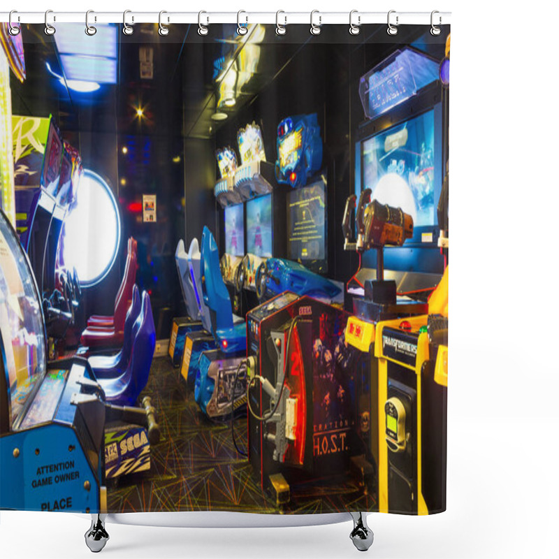 Personality  Cape Canaveral, USA - April 30, 2018: The Childrens Slot Machines On A Cruise Ship Or Cruise Liner Oasis Of The Seas By Royal Caribbean Shower Curtains