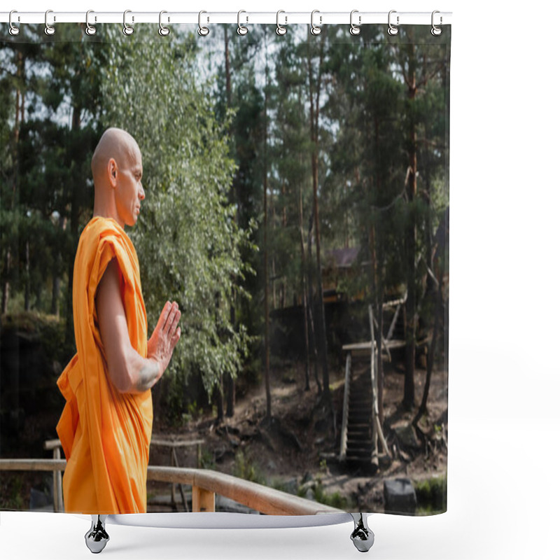 Personality  Side View Of Buddhist Meditating With Praying Hands Near Wooden Fence In Forest Shower Curtains