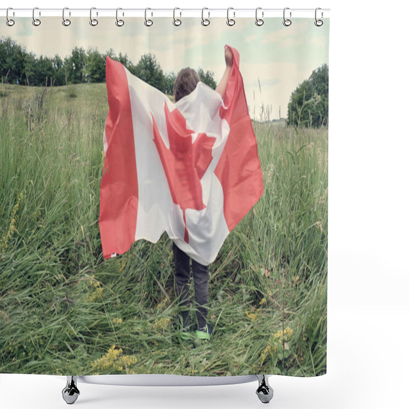 Personality  Happy Child Boy Waving The Flag Of Canada While Running Shower Curtains