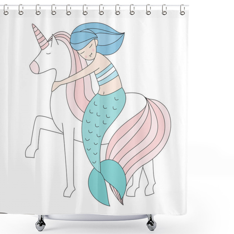 Personality  Mermaid And Unicorn Isolated Vector Illustration Shower Curtains