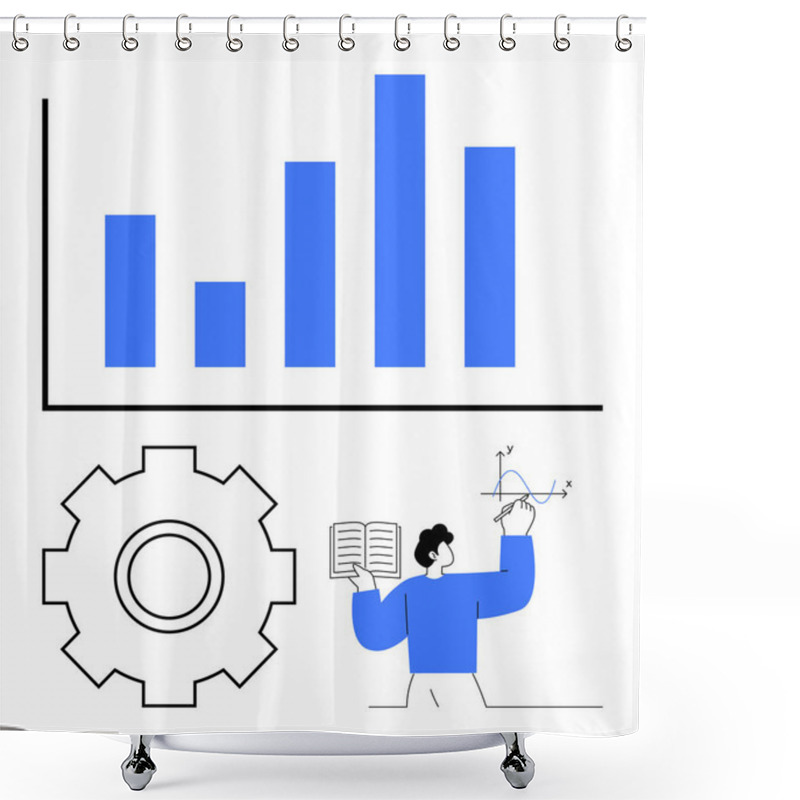 Personality  Bar Graph Indicating Performance Trends, Gear Symbolizing Process, Person Analyzing Equations. Ideal For Data Analysis, Education, Statistics, Productivity, Research, Automation Abstract Line Flat Shower Curtains