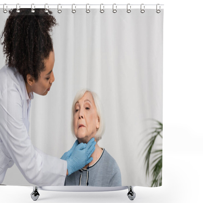 Personality  African American Doctor Checking Neck Of Senior Patient  Shower Curtains