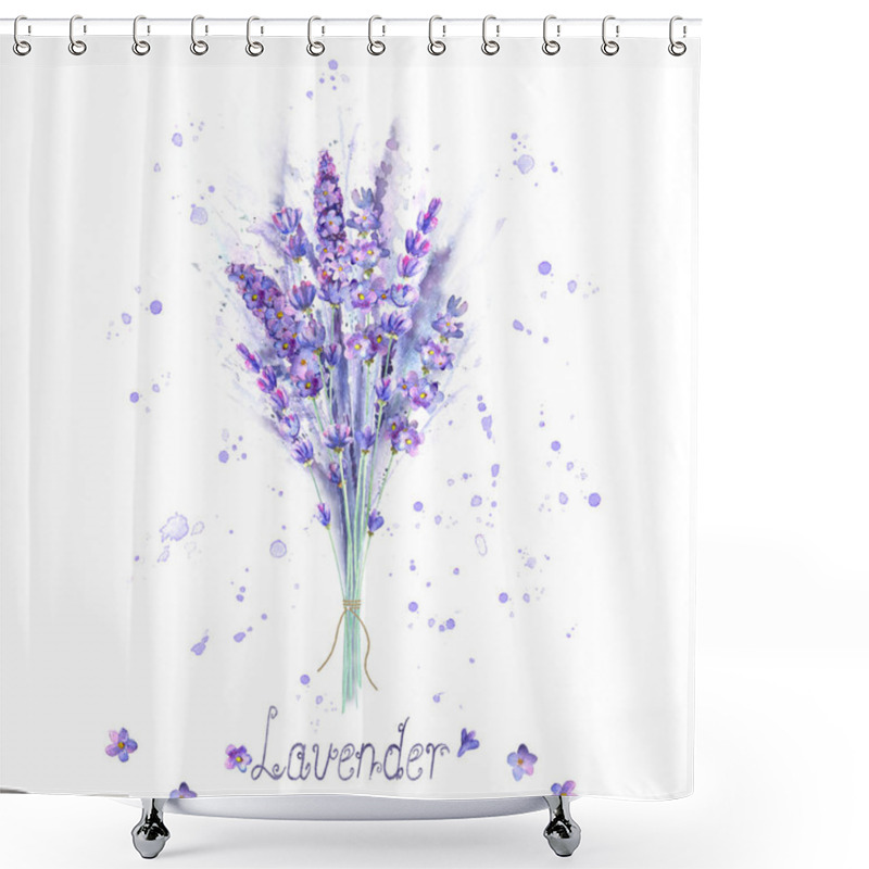 Personality  Watercolor Lavender Bouquet. Lavender Flowers, Plants And Watercolour Splashes On White Background Shower Curtains