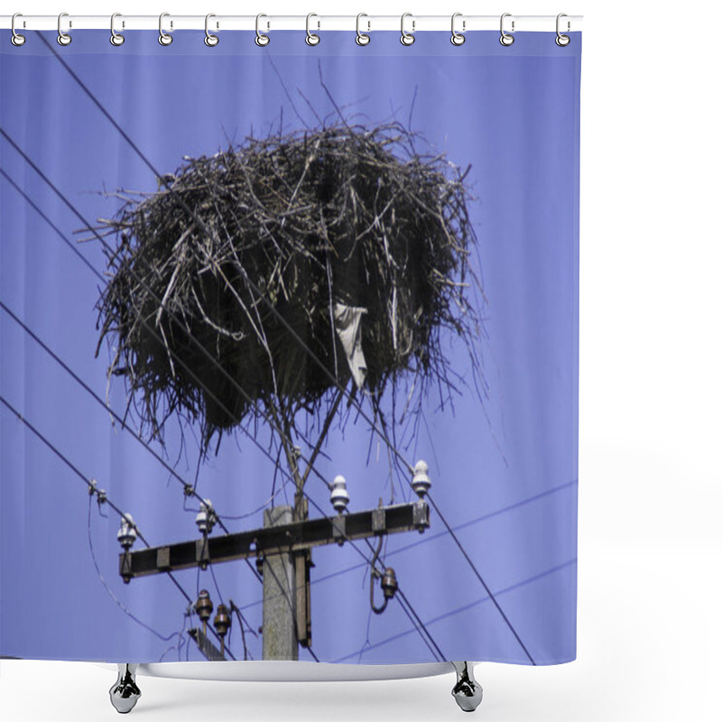 Personality  Empty Stork Nest Made With Branches At The Top Of An Electrical Tower Shower Curtains